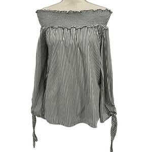 Faithfull The Brand Green White Nautical Striped Ruched Off Shoulder Top Size 4